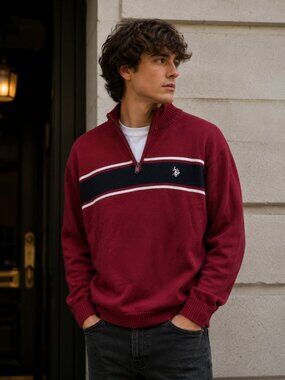 VTG U.S. Polo Assn Mens XL Quarter Zip Sweater Red Black Pullover Long Sleeve